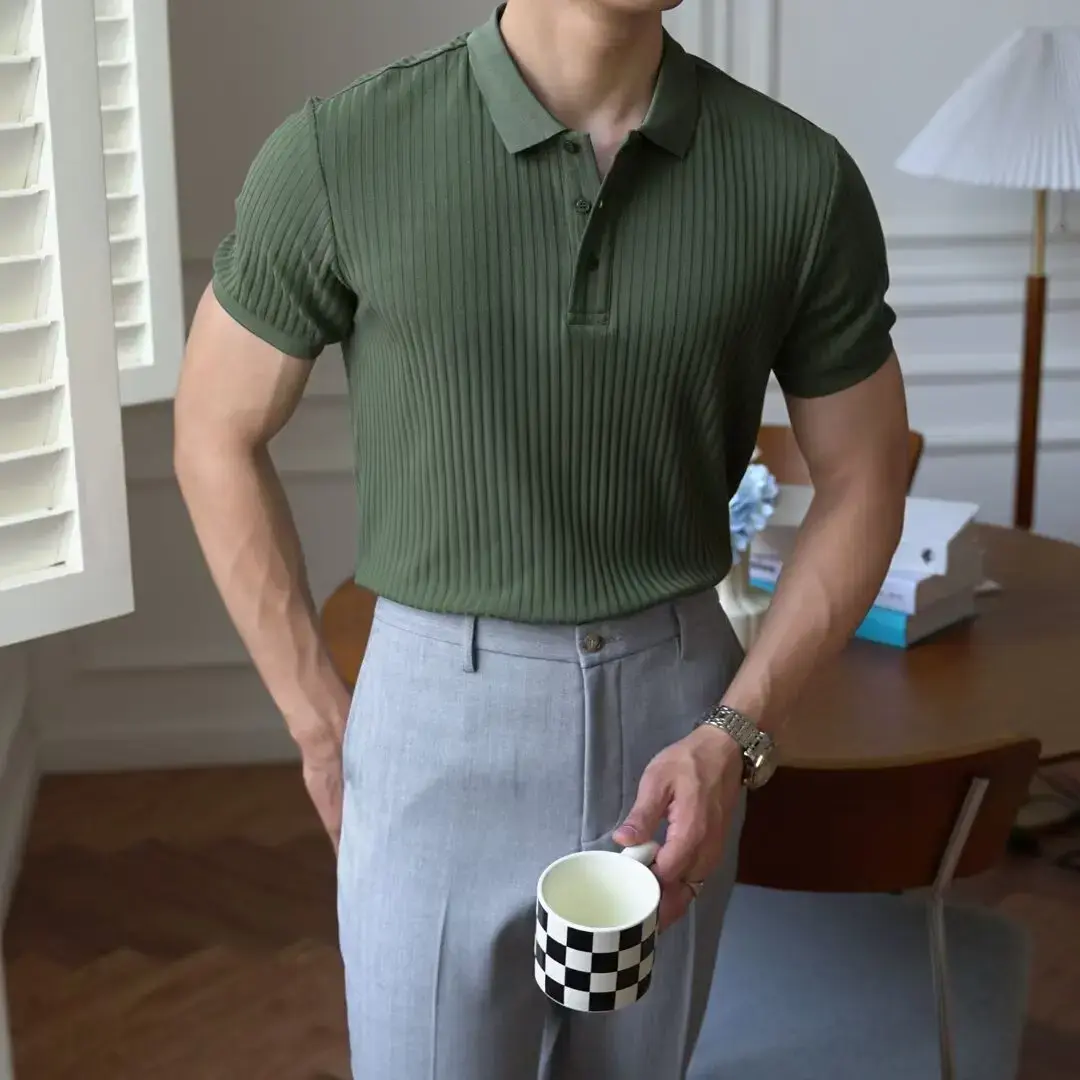 New Summer Trendy Striped Solid Color Short Sleeve Polo Shirt For Men Casual Vintage Versatile Lapel T-shirt Knitted Top