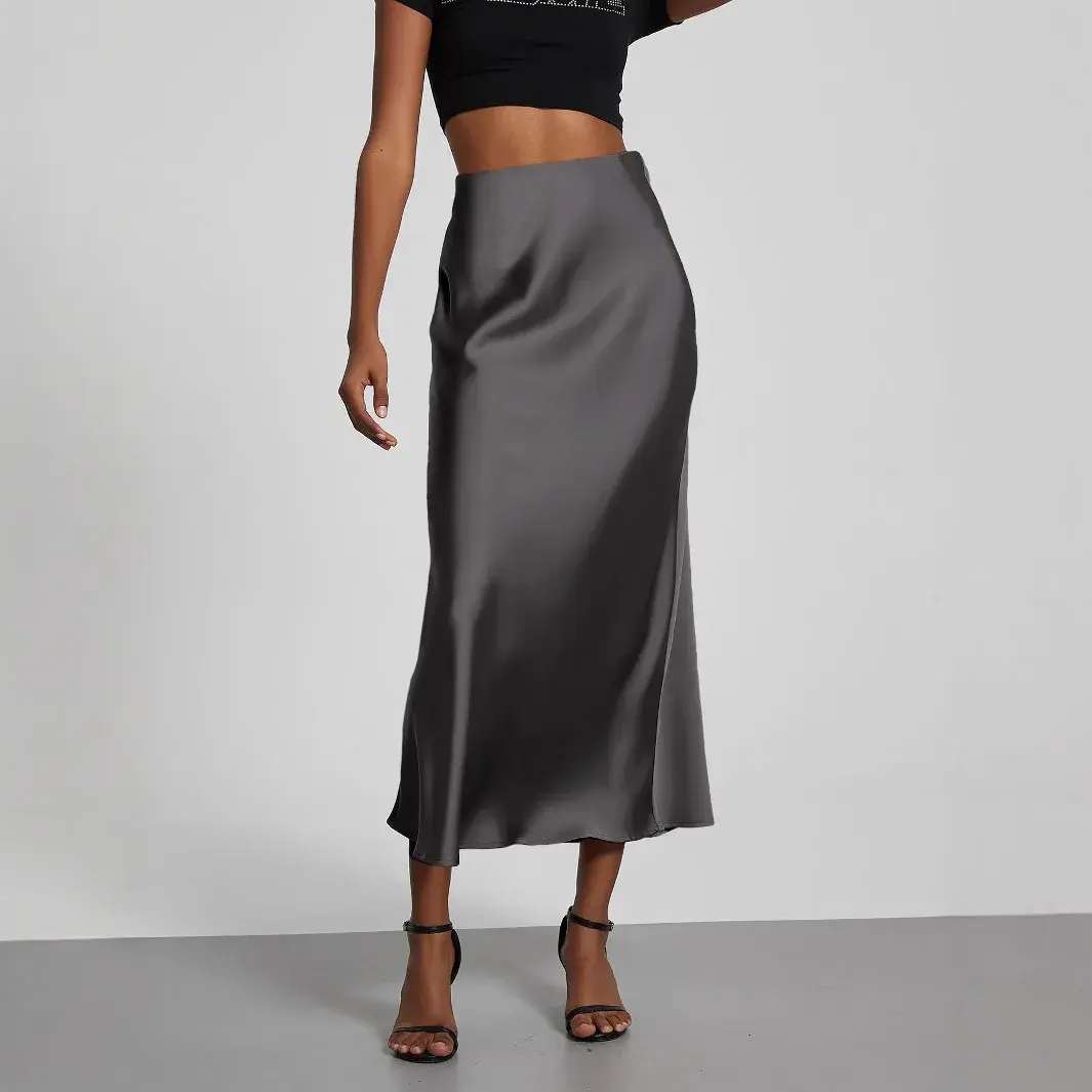 Elegant Smooth Silklike Satin Half Skirt Slimming Draped Midi Skirt for Women Polyester Fiber Medium Length Summer Skirt
