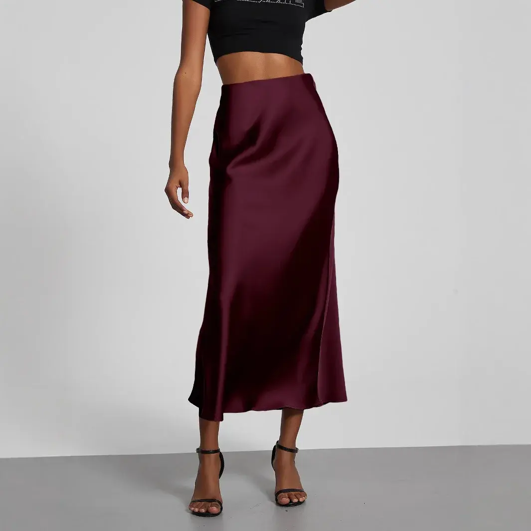 Elegant Smooth Silklike Satin Half Skirt Slimming Draped Midi Skirt for Women Polyester Fiber Medium Length Summer Skirt