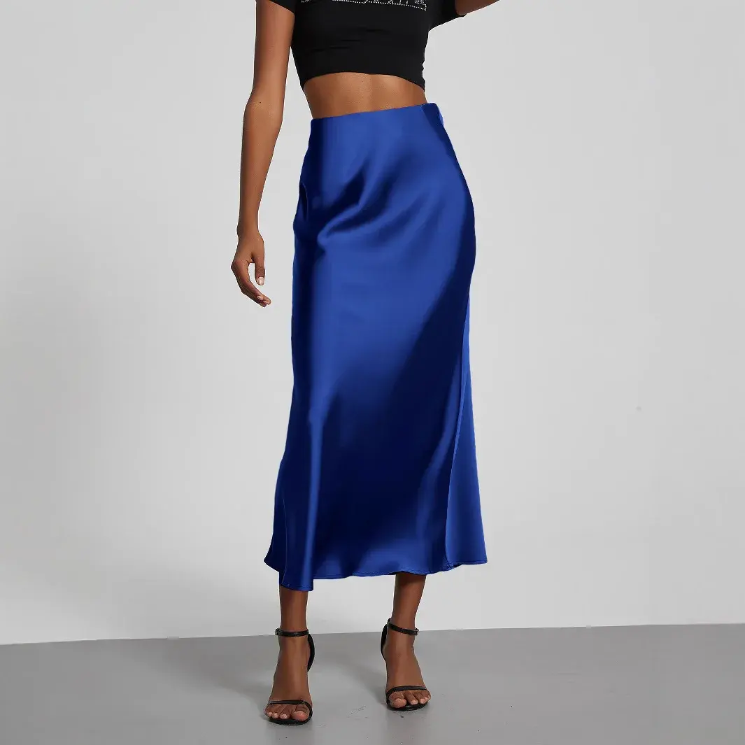 Elegant Smooth Silklike Satin Half Skirt Slimming Draped Midi Skirt for Women Polyester Fiber Medium Length Summer Skirt