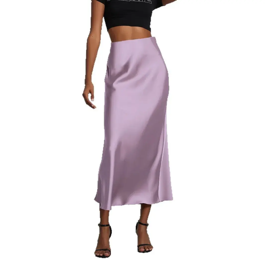 Elegant Smooth Silklike Satin Half Skirt Slimming Draped Midi Skirt for Women Polyester Fiber Medium Length Summer Skirt