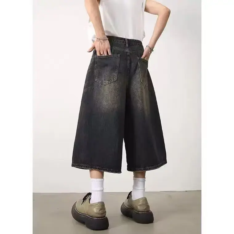 American Style Vintage Men's Jeans Loose Fit Wide Leg Straight Leg Denim Shorts Sensibility Design For Summer Wholesale