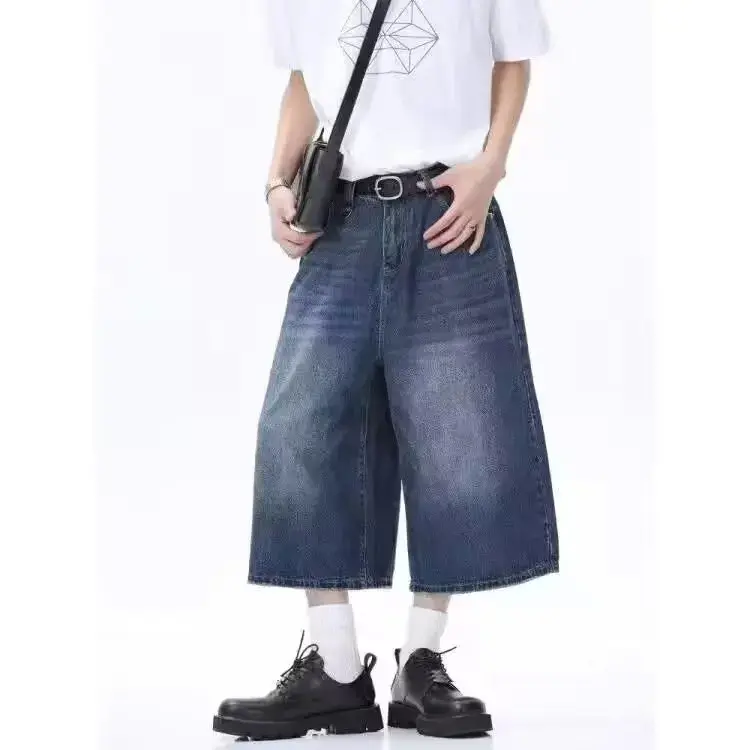 American Style Vintage Men's Jeans Loose Fit Wide Leg Straight Leg Denim Shorts Sensibility Design For Summer Wholesale