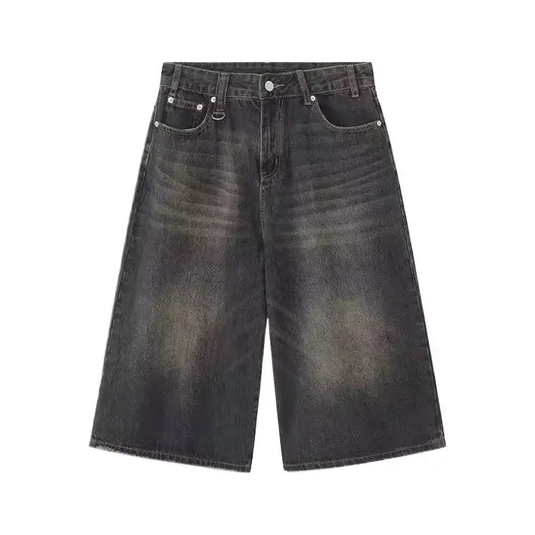 American Style Vintage Men's Jeans Loose Fit Wide Leg Straight Leg Denim Shorts Sensibility Design For Summer Wholesale