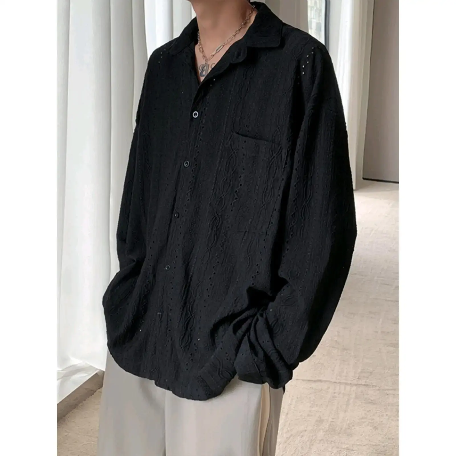 Luxury Niche Hollow Design Sensibility Shirt Men's Trendy Ins Casual Vest Loose Fit Long Sleeve Tweed Style Jacket