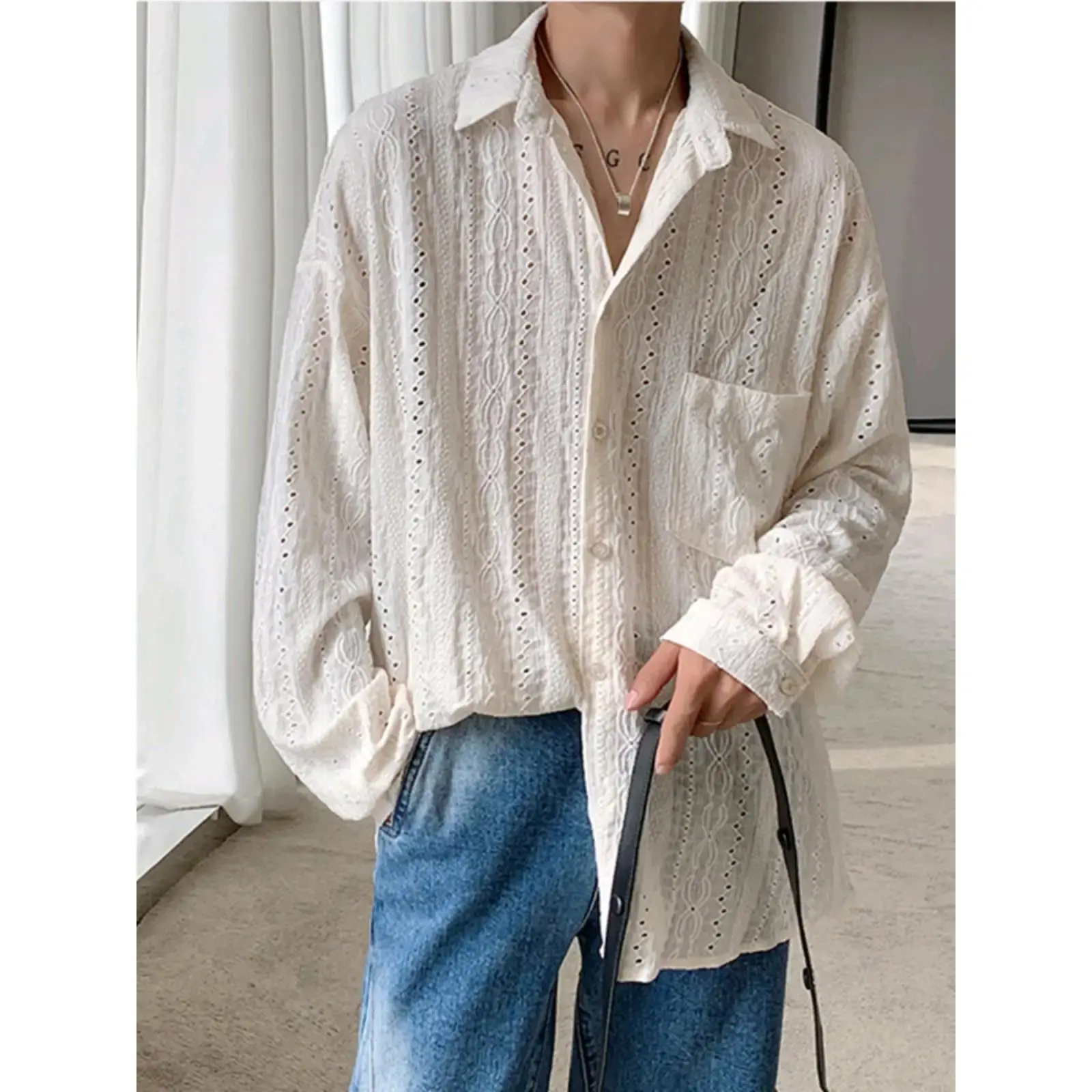 Luxury Niche Hollow Design Sensibility Shirt Men's Trendy Ins Casual Vest Loose Fit Long Sleeve Tweed Style Jacket