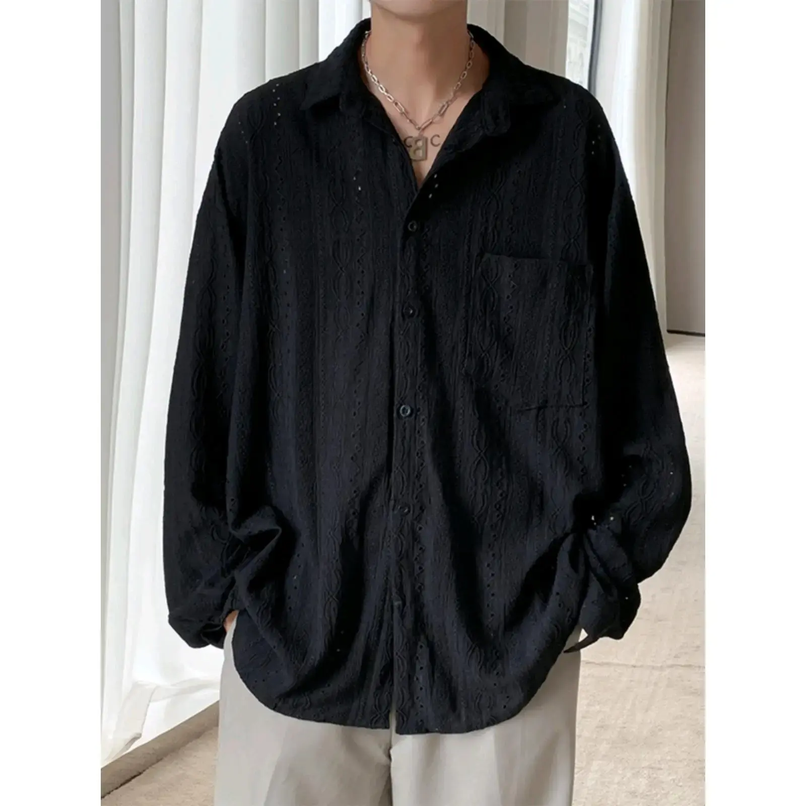 Luxury Niche Hollow Design Sensibility Shirt Men's Trendy Ins Casual Vest Loose Fit Long Sleeve Tweed Style Jacket