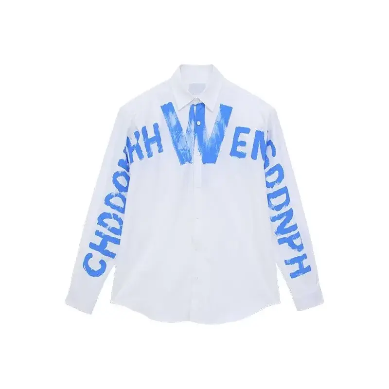 Autumn Fashion Shoulder Padded Men's Long Sleeve Shirt Graffiti Letter Design Casual Shirt Square Collar Cool And Handsome