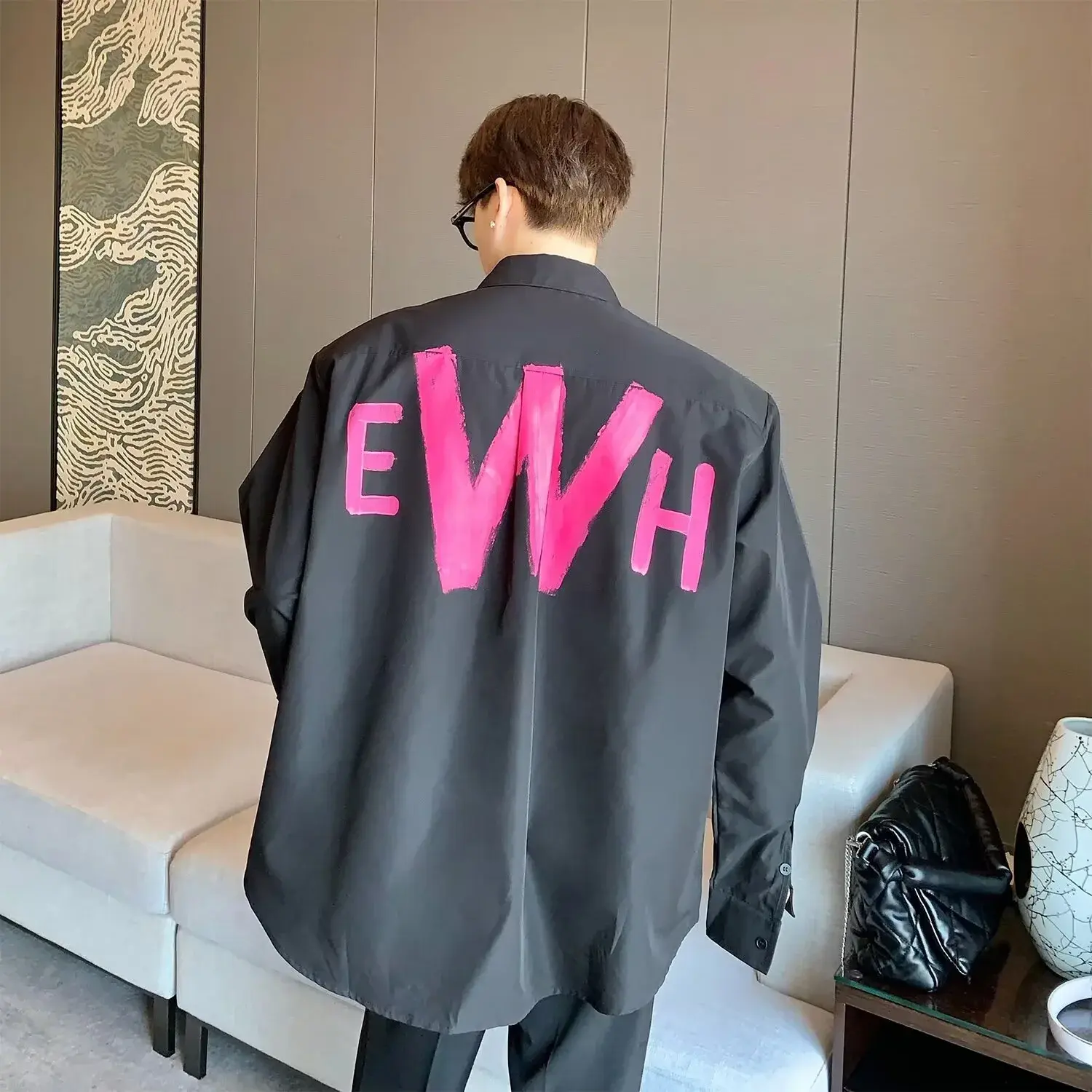 Autumn Fashion Shoulder Padded Men's Long Sleeve Shirt Graffiti Letter Design Casual Shirt Square Collar Cool And Handsome