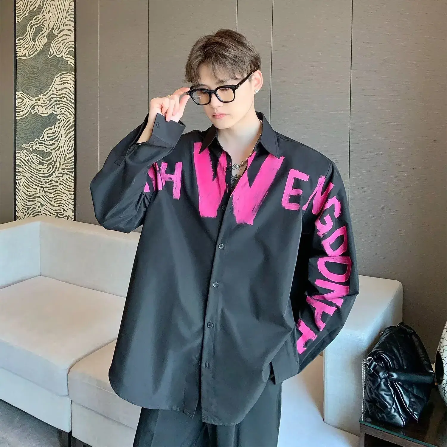 Autumn Fashion Shoulder Padded Men's Long Sleeve Shirt Graffiti Letter Design Casual Shirt Square Collar Cool And Handsome