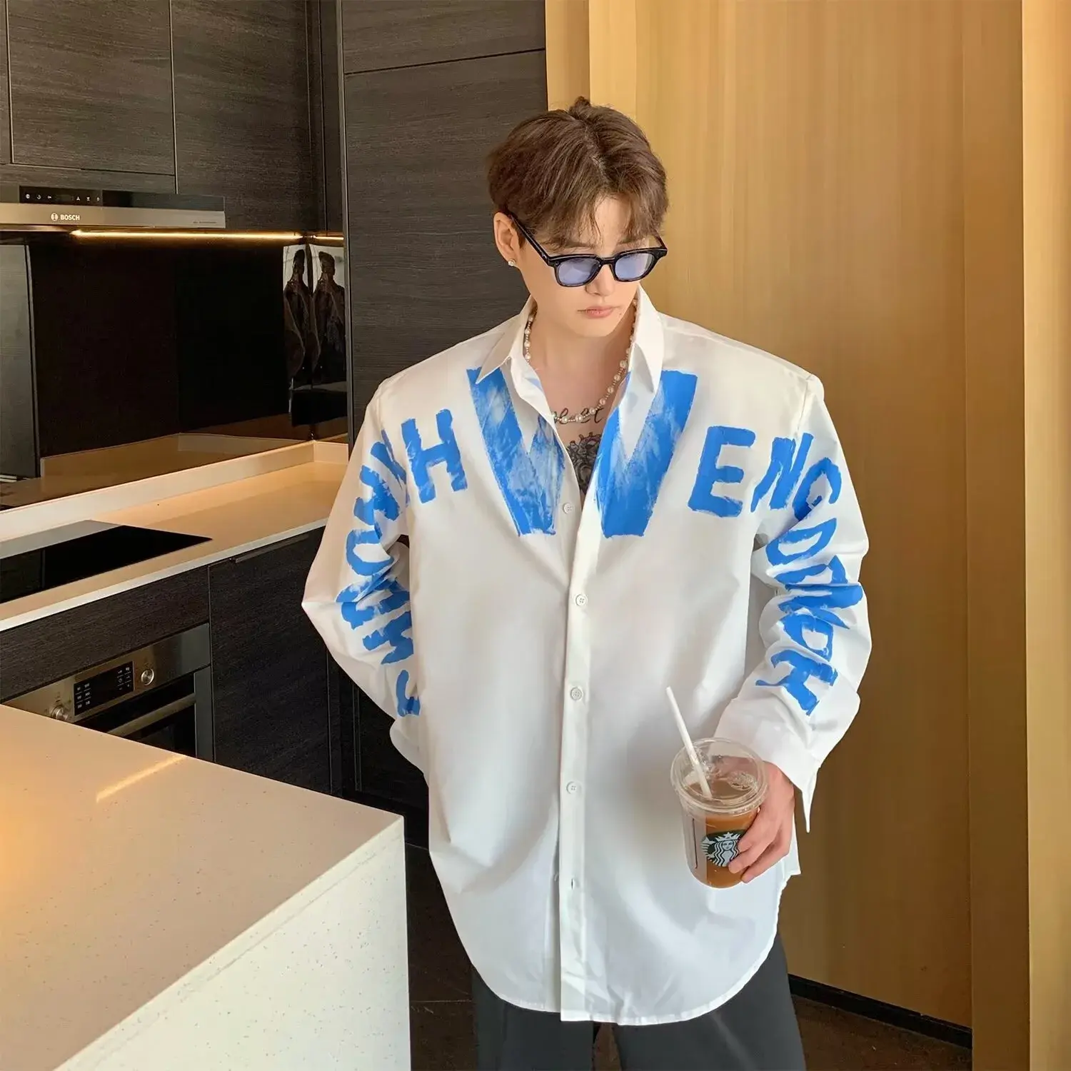 Autumn Fashion Shoulder Padded Men's Long Sleeve Shirt Graffiti Letter Design Casual Shirt Square Collar Cool And Handsome