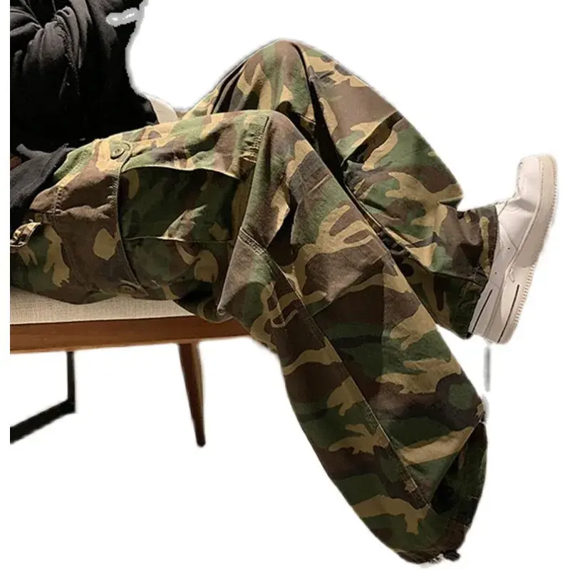 Trendy Vintage Camouflage Cargo Pants Men's Loose-fit Straight-leg High Street Hip Hop Ins Hong Kong Style Wide-leg Trousers