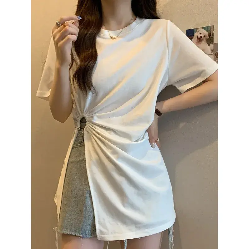 Plus Size Asymmetrical Slit Short Sleeve T-Shirt Women Summer Slimming Belly Covering Shoulder Appropriate Mid-Length Top
