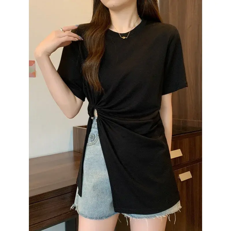 Plus Size Asymmetrical Slit Short Sleeve T-Shirt Women Summer Slimming Belly Covering Shoulder Appropriate Mid-Length Top