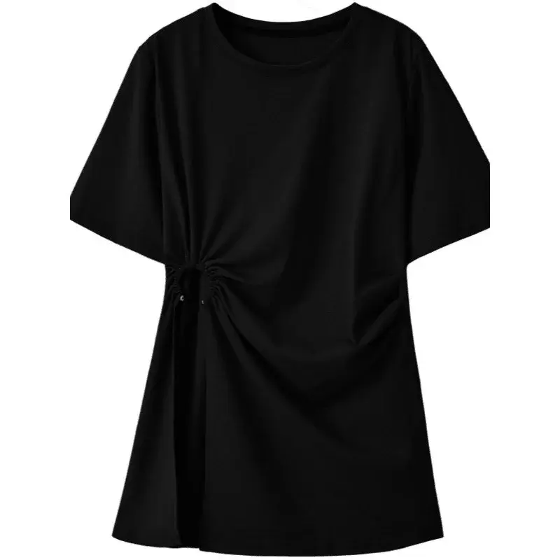 Plus Size Asymmetrical Slit Short Sleeve T-Shirt Women Summer Slimming Belly Covering Shoulder Appropriate Mid-Length Top