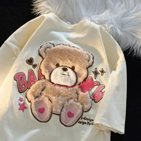 Flocking Bear Pure Cotton Short Sleeve T-shirt Women's Loose Fit Sensible Niche Cute American Style Vintage Couple Top Summer