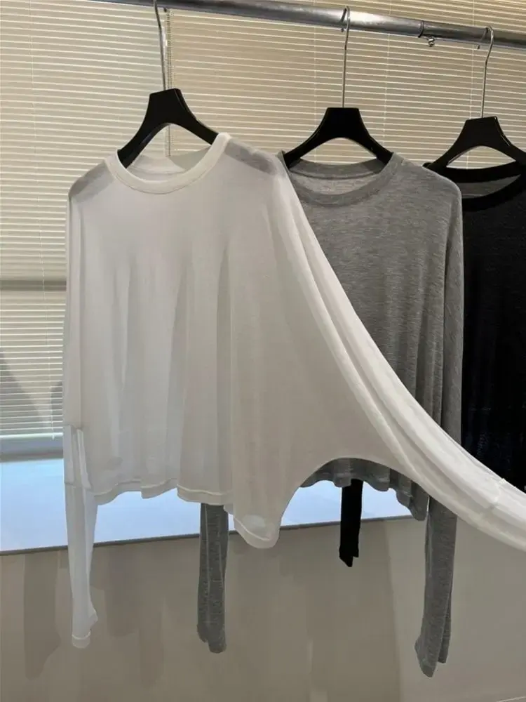 Lightweight Summer Women's T-shirt Loose Long Sleeve Large round Neck Casual Sun Protection Top Breathable Lazy Style Cover up