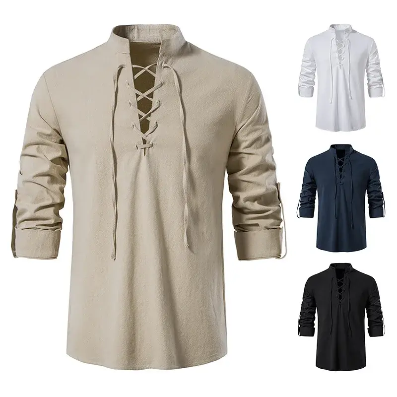 Medieval Men's Long Sleeve Cotton Linen Shirt Casual Stand Collar Shirt European And American Cross-Border Drawstring Shirt