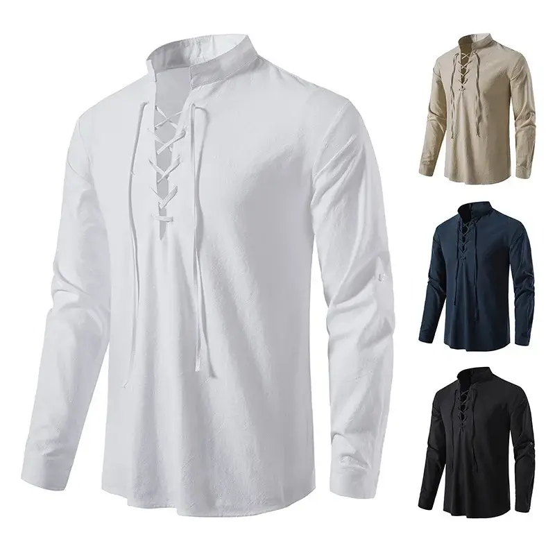 Medieval Men's Long Sleeve Cotton Linen Shirt Casual Stand Collar Shirt European And American Cross-Border Drawstring Shirt