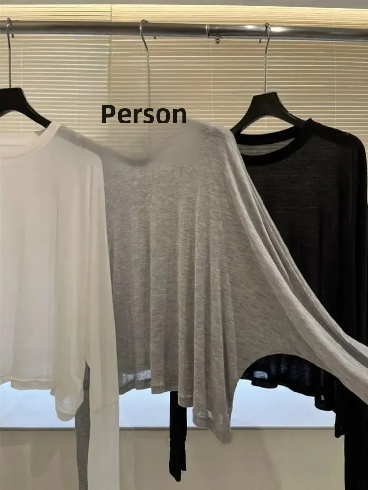 Lightweight Summer Women's T-shirt Loose Long Sleeve Large round Neck Casual Sun Protection Top Breathable Lazy Style Cover up