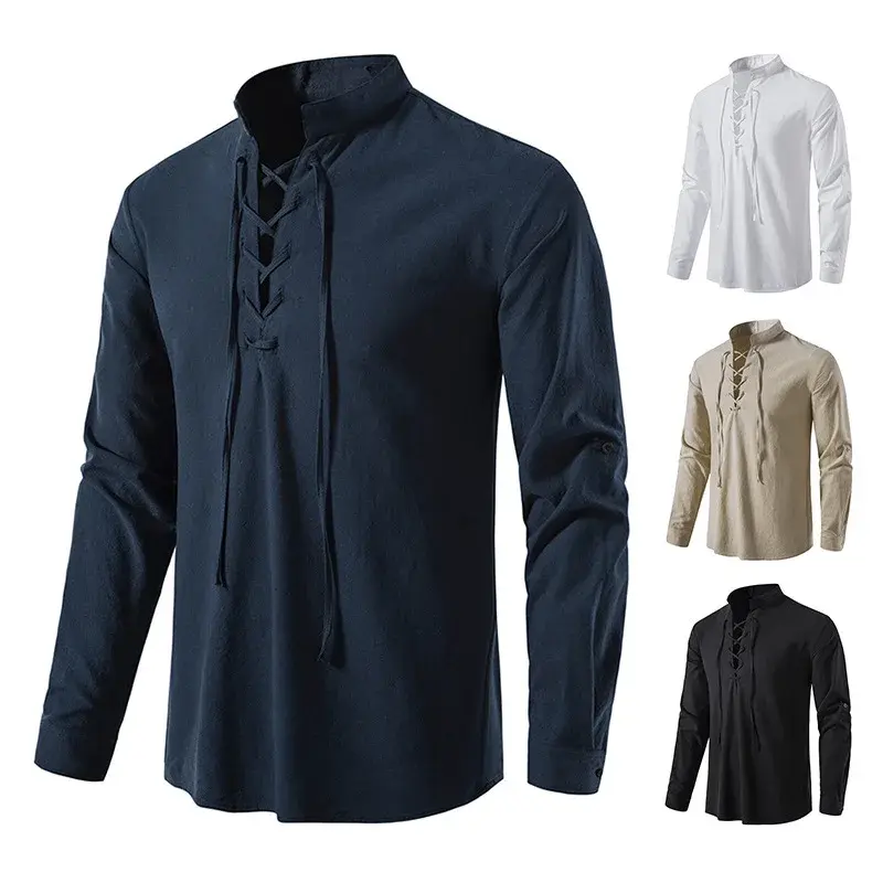 Medieval Men's Long Sleeve Cotton Linen Shirt Casual Stand Collar Shirt European And American Cross-Border Drawstring Shirt