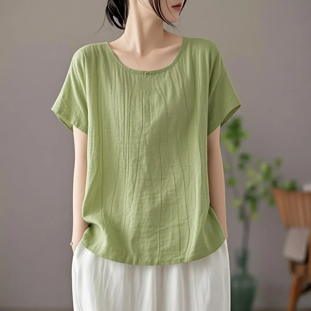 Plus Size Crew Neck Cotton Linen T-Shirt Summer Slimming Fashionable Casual Loose Artistic Solid Color Women's Top