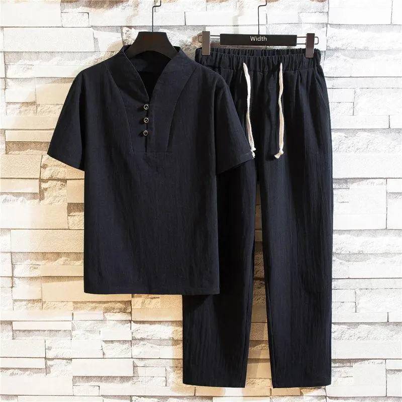 Chinese Style Linen Suit Men's Summer Short Sleeve Hanfu Ancient Buddhist System Zhenshi V-neck T-shirt Cotton Linen 2-piece Set