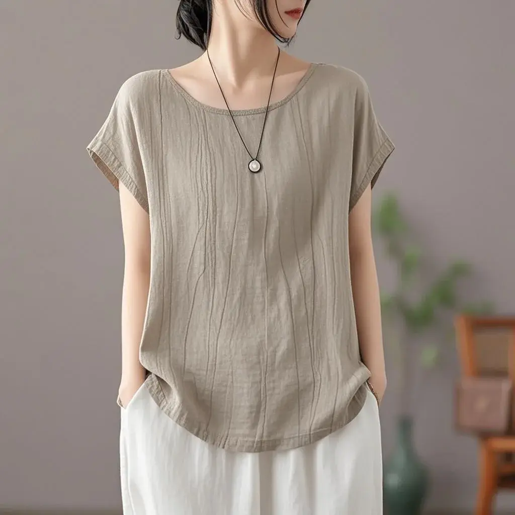 Plus Size Crew Neck Cotton Linen T-Shirt Summer Slimming Fashionable Casual Loose Artistic Solid Color Women's Top