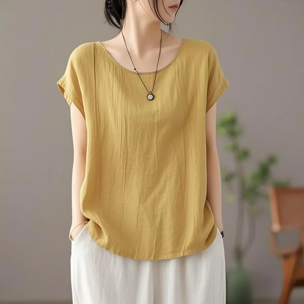 Plus Size Crew Neck Cotton Linen T-Shirt Summer Slimming Fashionable Casual Loose Artistic Solid Color Women's Top