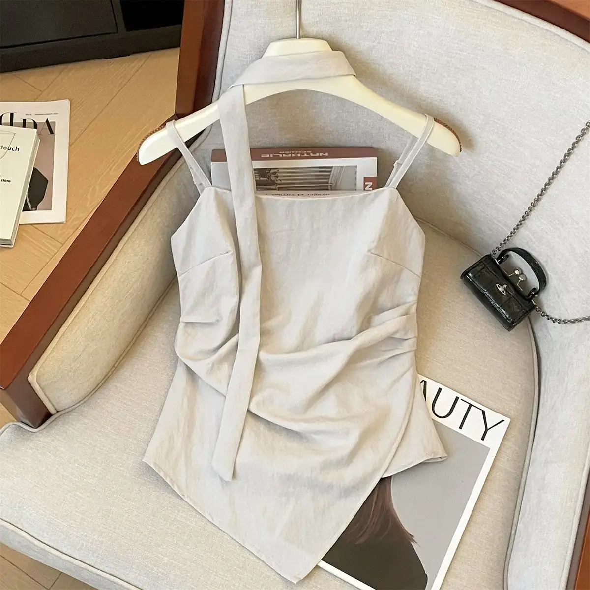 Gray Elegant Strap Vest Women's Summer New Irregular Pleated Graceful Sash Backless Top Polyester Fiber Blend Fabric
