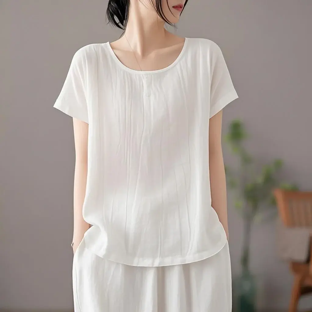 Plus Size Crew Neck Cotton Linen T-Shirt Summer Slimming Fashionable Casual Loose Artistic Solid Color Women's Top