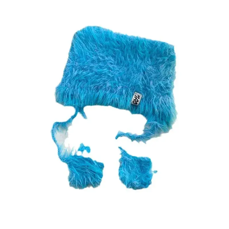Xue Lun E Blue Korean Style Cat Ear Plush Knitted Hat Women's Autumn Winter Warm Versatile Face Slimming Hat