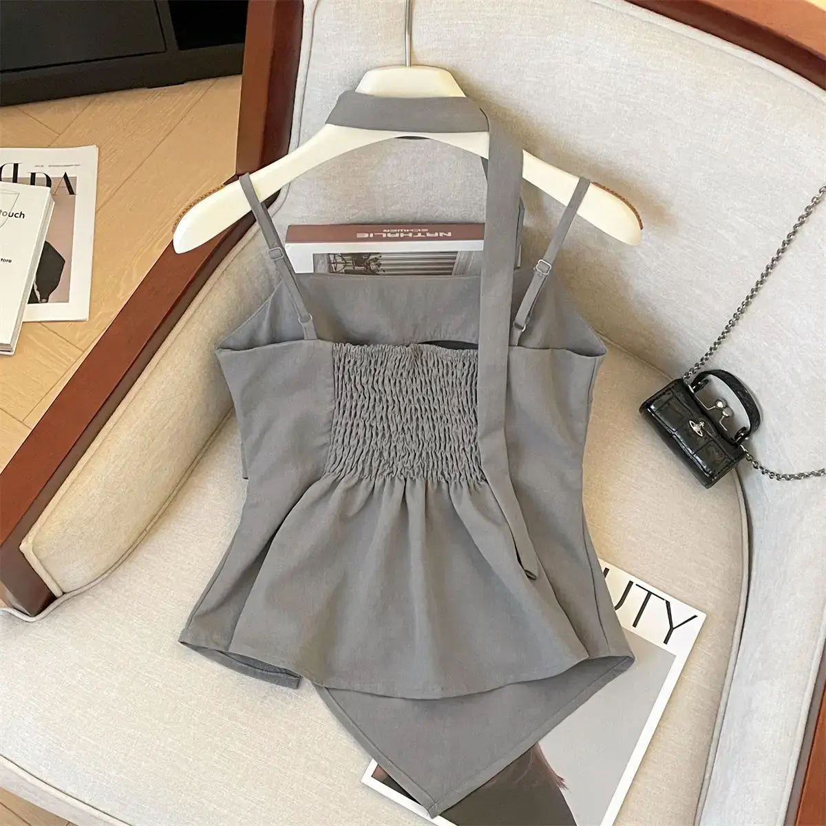 Gray Elegant Strap Vest Women's Summer New Irregular Pleated Graceful Sash Backless Top Polyester Fiber Blend Fabric