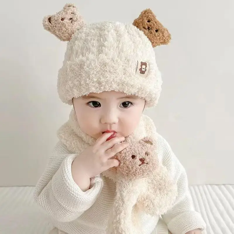 Thickened Plush Baby Hat Scarf Set Autumn Winter Warm Cute Ear Protection Cold Proof Baby Cap Two-Piece Suite from Mainland Chin