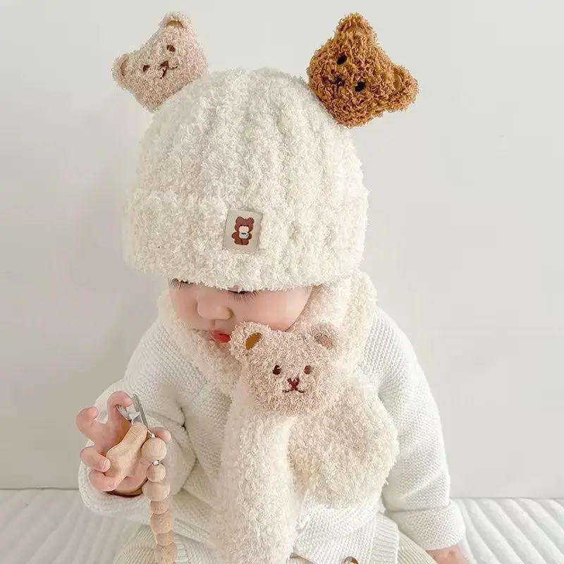Thickened Plush Baby Hat Scarf Set Autumn Winter Warm Cute Ear Protection Cold Proof Baby Cap Two-Piece Suite from Mainland Chin