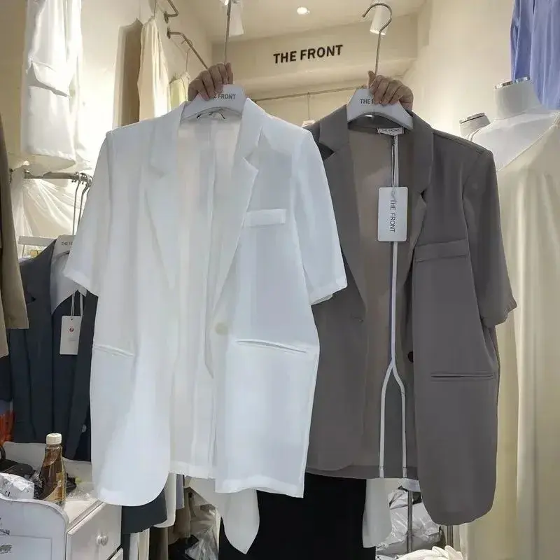 Loose Fit Summer Short Sleeve One Button Women's Suiting Jacket plus Size Hide Belly Polyester Fiber Petal Sleeve Suit Coat
