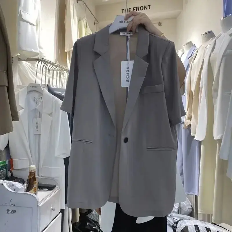 Loose Fit Summer Short Sleeve One Button Women's Suiting Jacket plus Size Hide Belly Polyester Fiber Petal Sleeve Suit Coat
