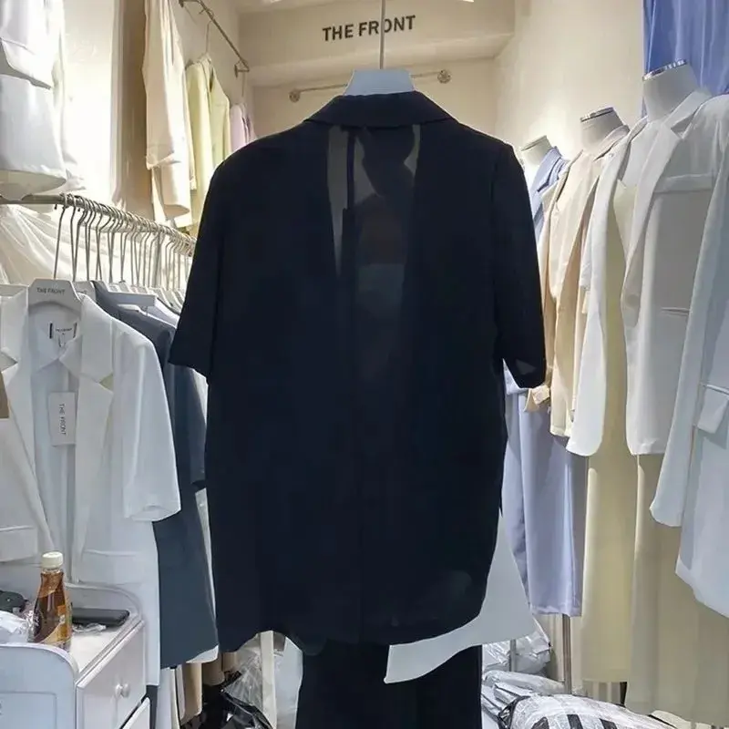 Loose Fit Summer Short Sleeve One Button Women's Suiting Jacket plus Size Hide Belly Polyester Fiber Petal Sleeve Suit Coat