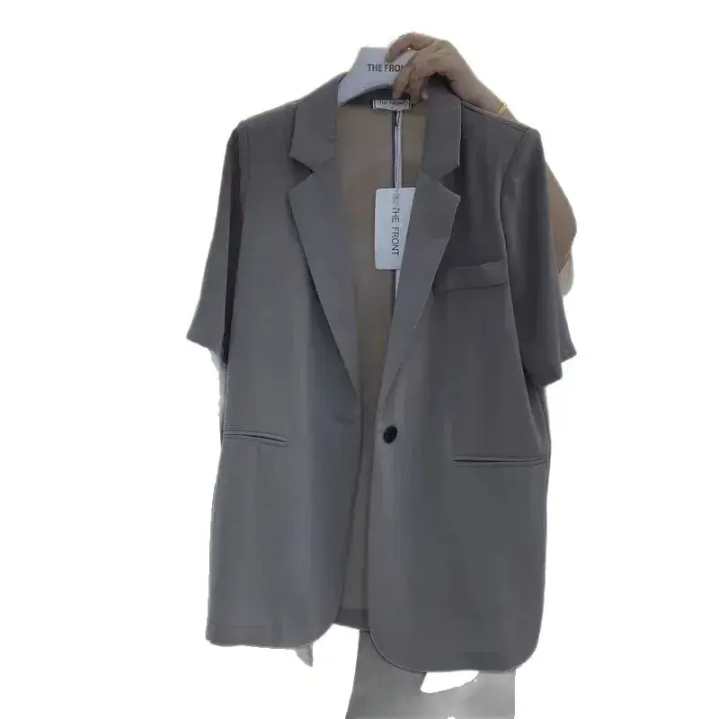 Loose Fit Summer Short Sleeve One Button Women's Suiting Jacket plus Size Hide Belly Polyester Fiber Petal Sleeve Suit Coat