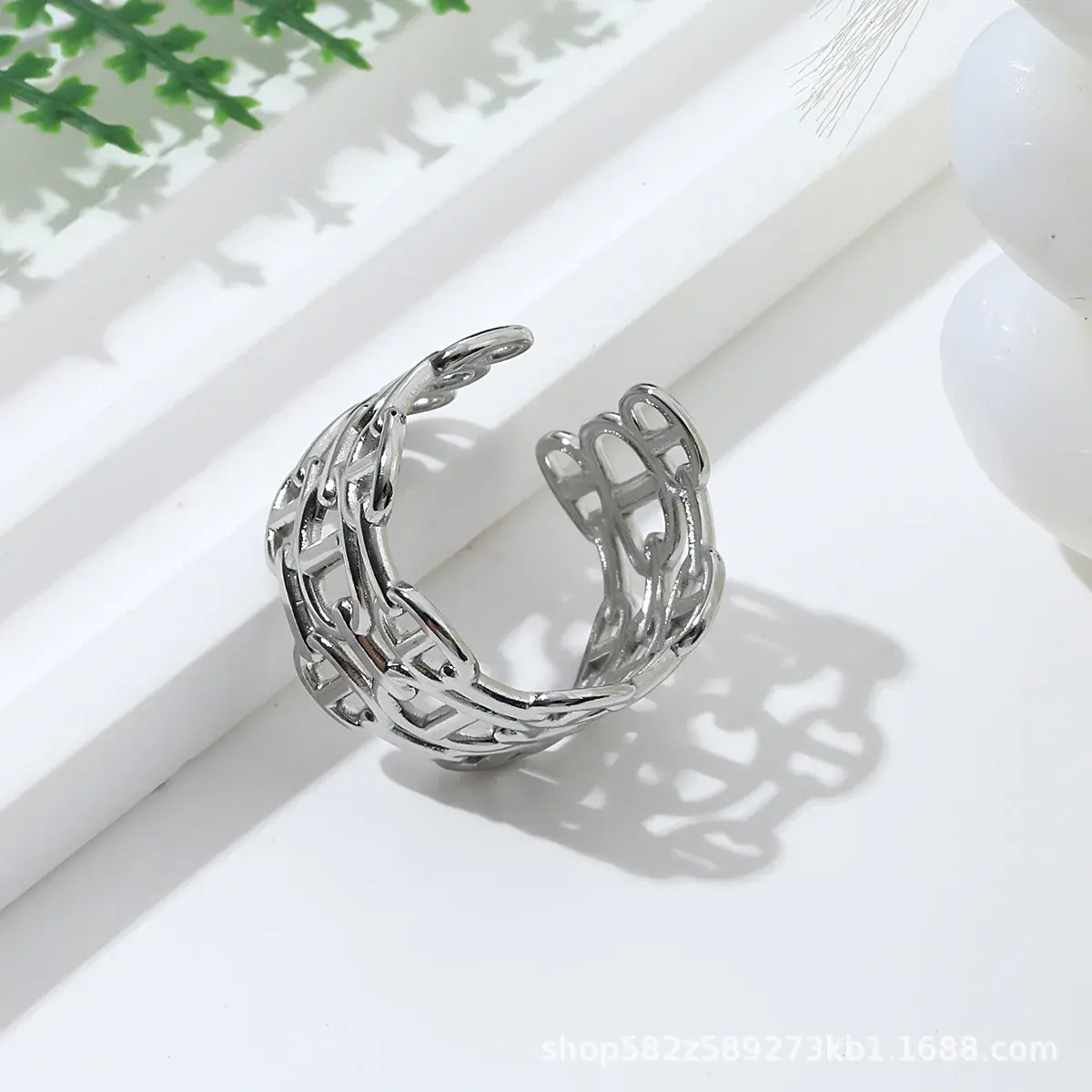 Fashionable Titanium Steel Open Ring Women's Adjustable Stainless Steel Non-Colorful Chain Link Ring Stylish Hand Jewelry