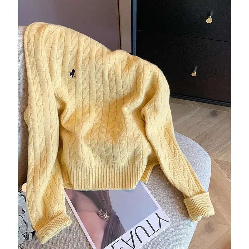 Yellow Embroidered Woolen Knitted Sweater Women's Soft Cozy Overhead Sweater Autumn Winter New Style Versatile Gentle Anti-Aging