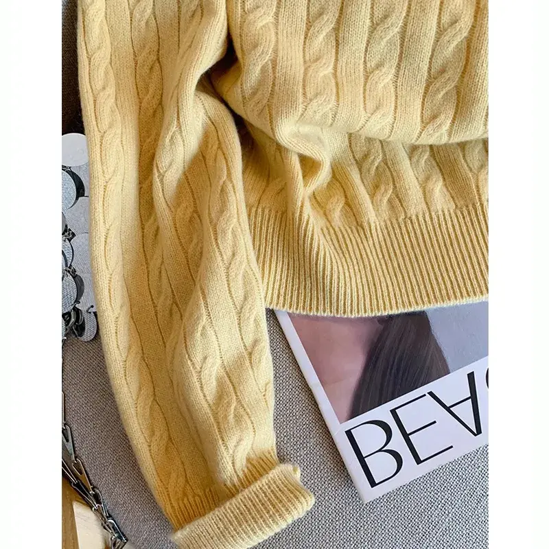 Yellow Embroidered Woolen Knitted Sweater Women's Soft Cozy Overhead Sweater Autumn Winter New Style Versatile Gentle Anti-Aging