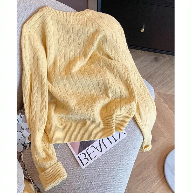 Yellow Embroidered Woolen Knitted Sweater Women's Soft Cozy Overhead Sweater Autumn Winter New Style Versatile Gentle Anti-Aging
