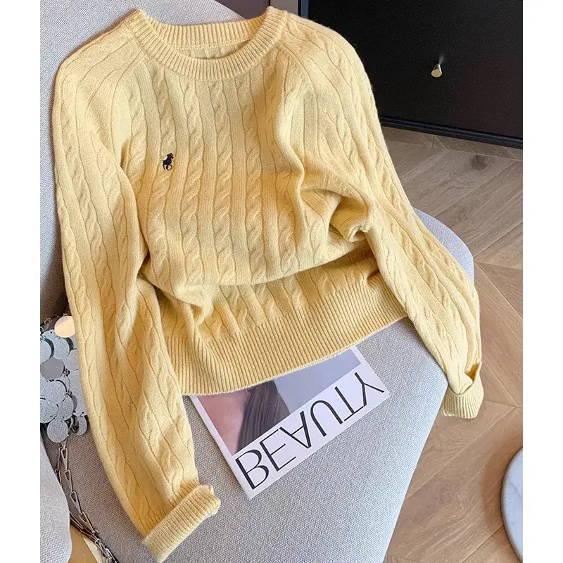 Yellow Embroidered Woolen Knitted Sweater Women's Soft Cozy Overhead Sweater Autumn Winter New Style Versatile Gentle Anti-Aging