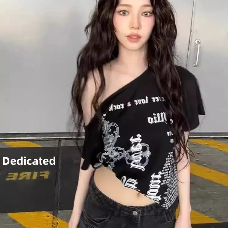 Loose Shoulder Asymmetric Print T-Shirt Women Summer American Hot Girl Short Sleeve Inner Wear Base Shirt Autumn Season