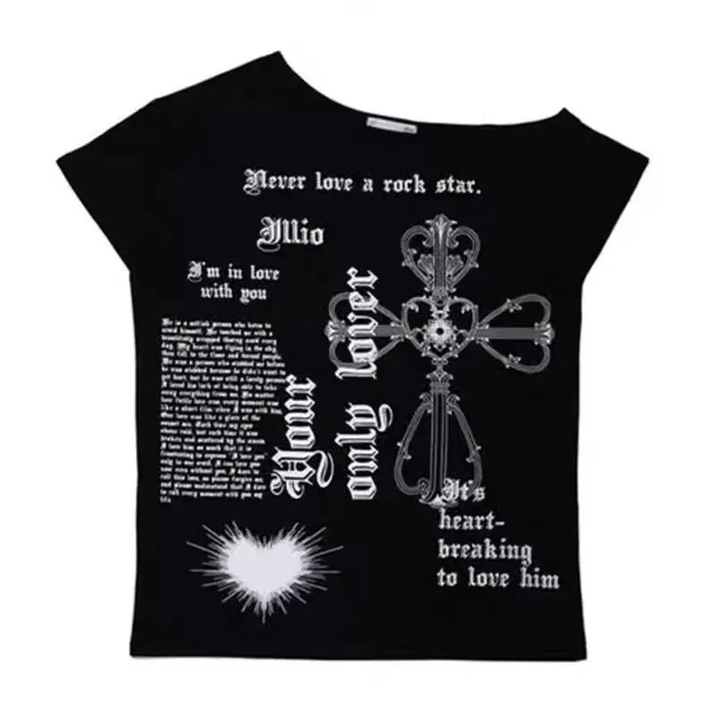 Loose Shoulder Asymmetric Print T-Shirt Women Summer American Hot Girl Short Sleeve Inner Wear Base Shirt Autumn Season