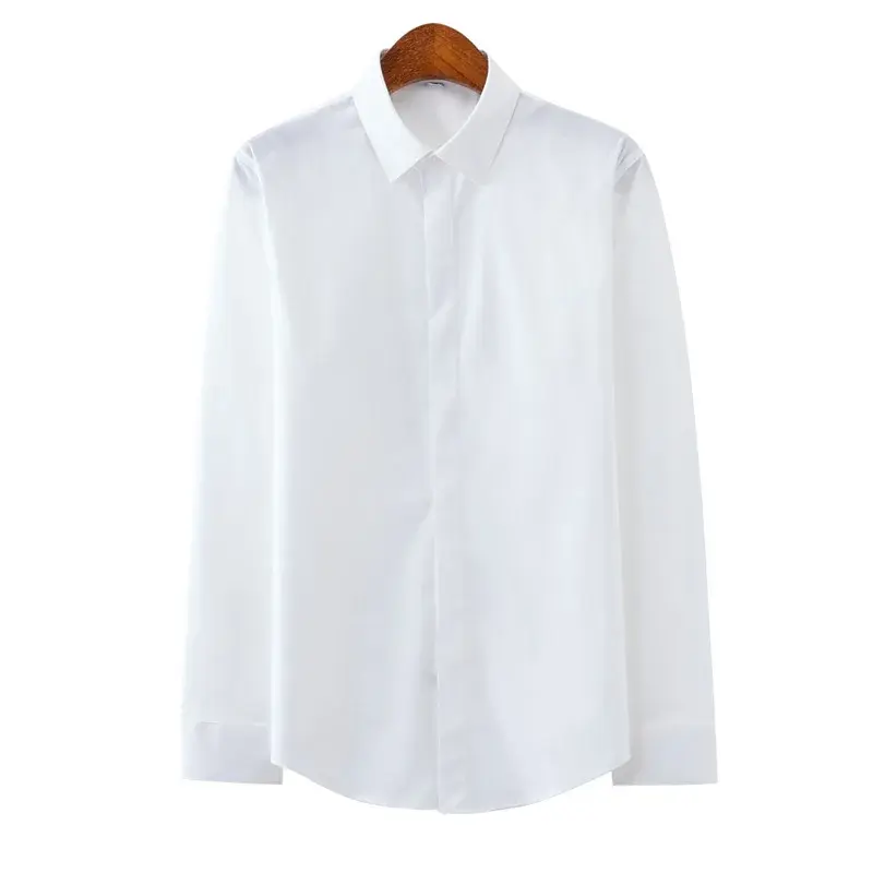 Fashionable Elastic Korean Style Embroidered Casual White Shirt For Men Slim Fit Square Collar Shirt Trendy