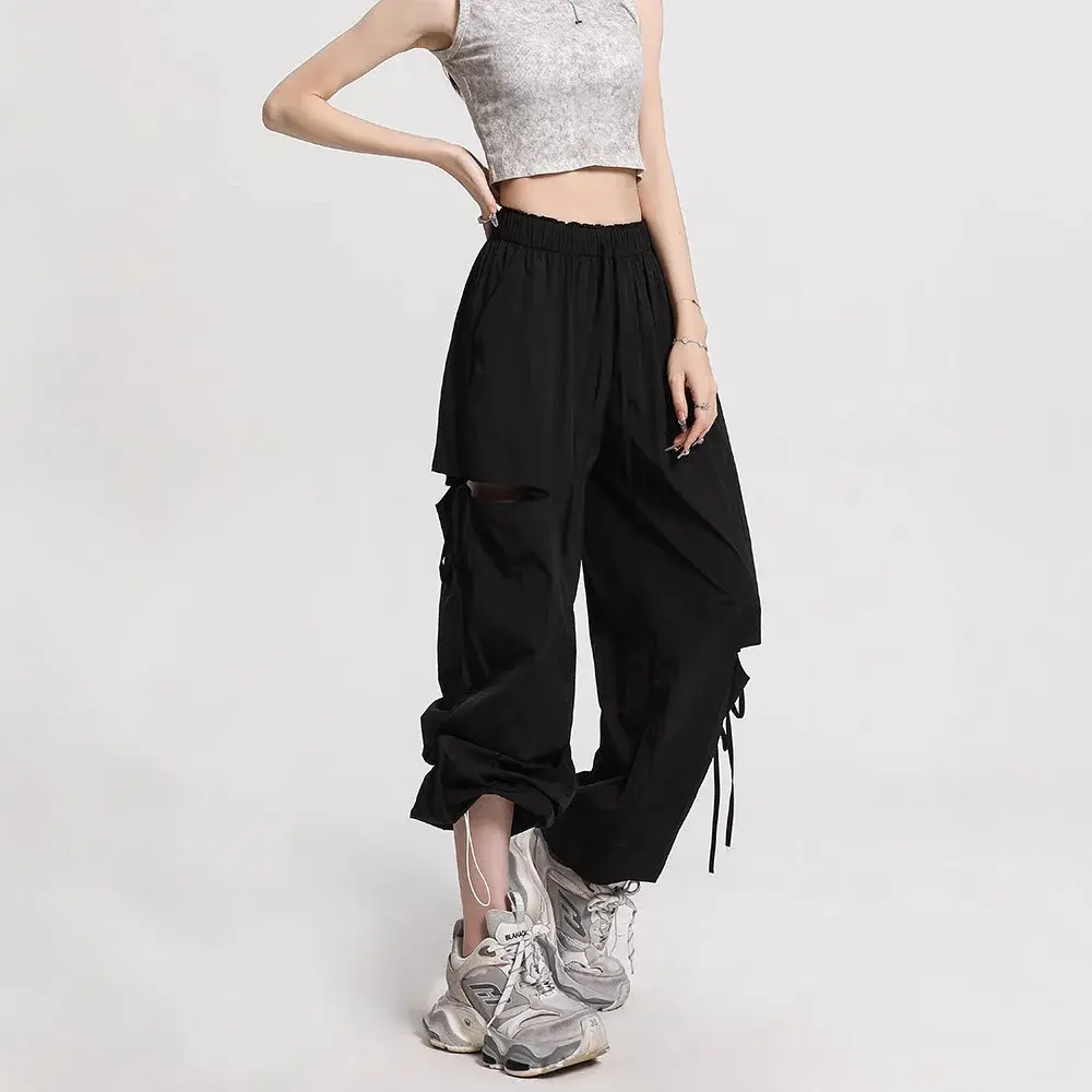 American Style High Waist Ripped Work Pants Women's Thin New Spring Casual Quick Dry Wide Leg Long Trousers