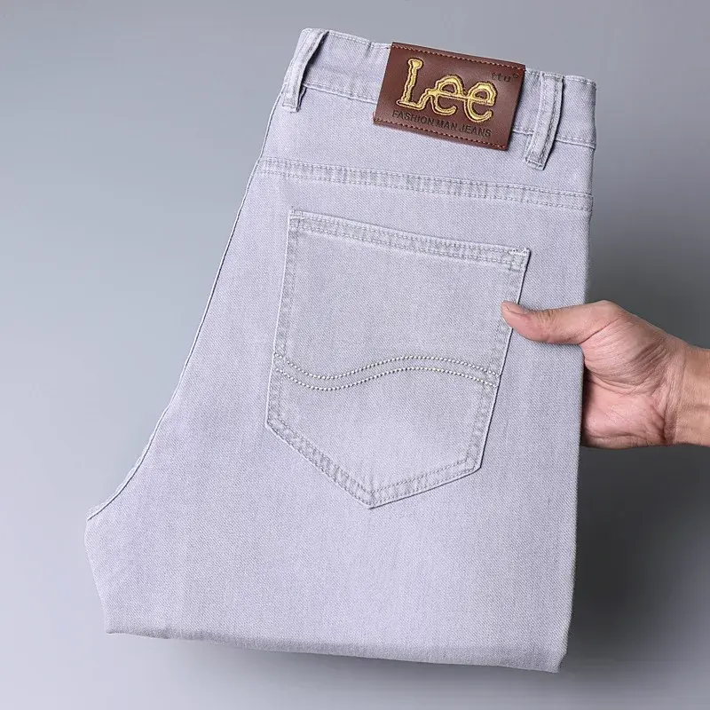 Lee Dex Cross-Border Trade Men's Straight-Leg Slim Fit Jeans Spring Summer Thin Light Grey Stretch Business Youth Casual Denim