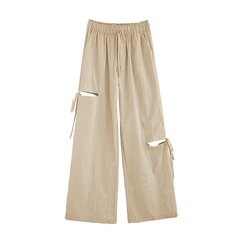 American Style High Waist Ripped Work Pants Women's Thin New Spring Casual Quick Dry Wide Leg Long Trousers